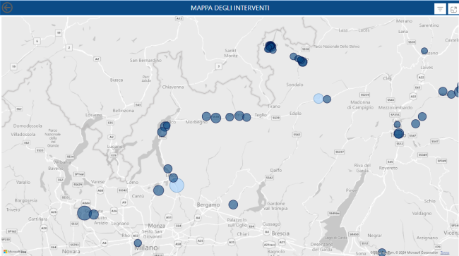 In blu, la mappa degli interventi previsti in Valtellina e in Lombarda. Sito Simico.it